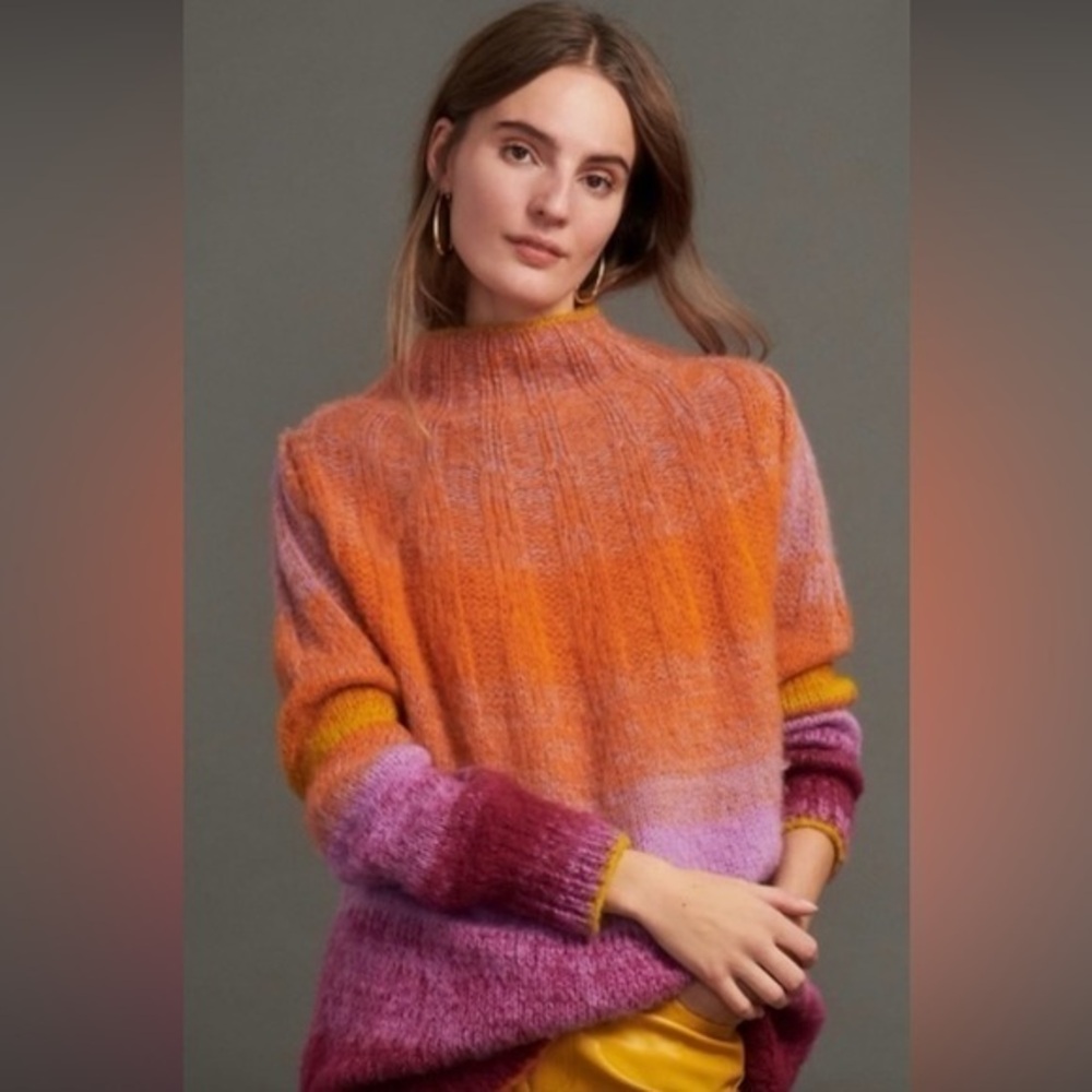 Anthropologie Ombre Orange Pink Mohair Turtleneck Sweater